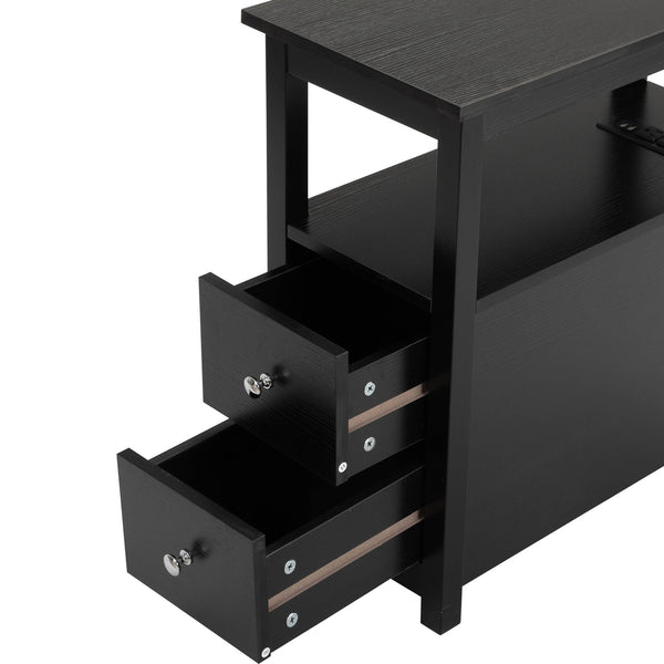 English Elm End Narrow Sofa Side Table with Charging Station, Black MDF Nightstand, Drawer & Shelf, 24"H, ETL W2181P152443