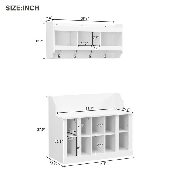 English Elm On-trend Two-piece White Hall Tree with Bench Ten Shoe Cubbies and Cabinet WF313576AAK