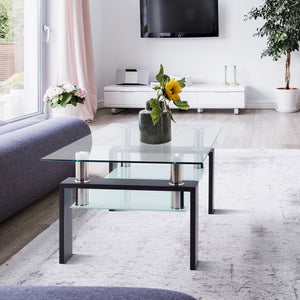 English Elm Rectangle Two Tier Tempered Glass Coffee Table Modern Iron Frame Living Room Accent Black W241P367356