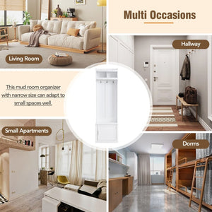 English Elm On-trend Slim Hall Tree Entryway Bench with Cabinet Six Hooks Matte Foyer Storage White N721P249243K