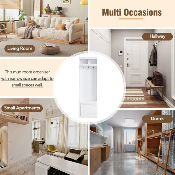 English Elm On-trend Slim Hall Tree Entryway Bench with Cabinet Six Hooks Matte Foyer Storage White N721P249243K