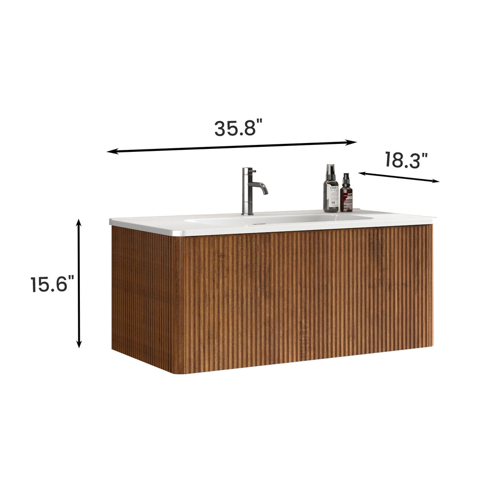 English Elm Etna 36" Striped Walnut Floating Bathroom Vanity with Glossy White Ceramic Sink, Push Drawer Storage W1865S00114