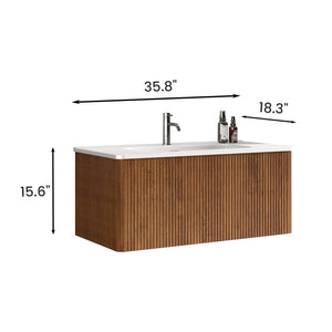 English Elm Etna 36" Striped Walnut Floating Bathroom Vanity with Glossy White Ceramic Sink, Push Drawer Storage W1865S00114