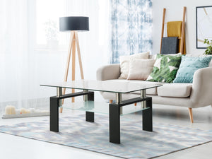 English Elm Rectangle Two Tier Tempered Glass Coffee Table Modern Iron Frame Living Room Accent Black W241P367356