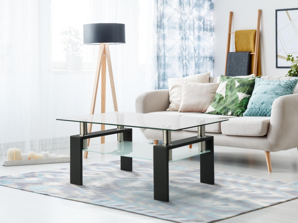 English Elm Rectangle Dual Tier Tempered Glass Coffee Table Iron Frame Modern Living Room W24135188