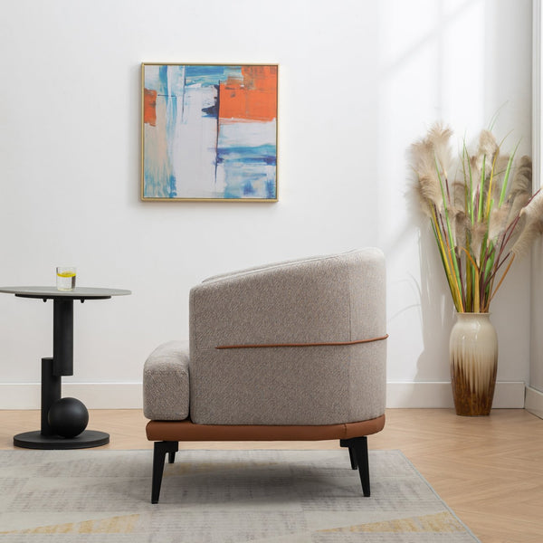 English Elm Modern Two-tone Barrel Chair with Linen & PU Leather, Ergonomic Round Armchair with Metal Legs, Cozy Cushion Comfort Burnt Orange 30 L x 28 W x 22 H WF316987AAO