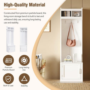 English Elm On-trend Slim Hall Tree Entryway Bench with Cabinet Six Hooks Matte Foyer Storage White N721P249243K