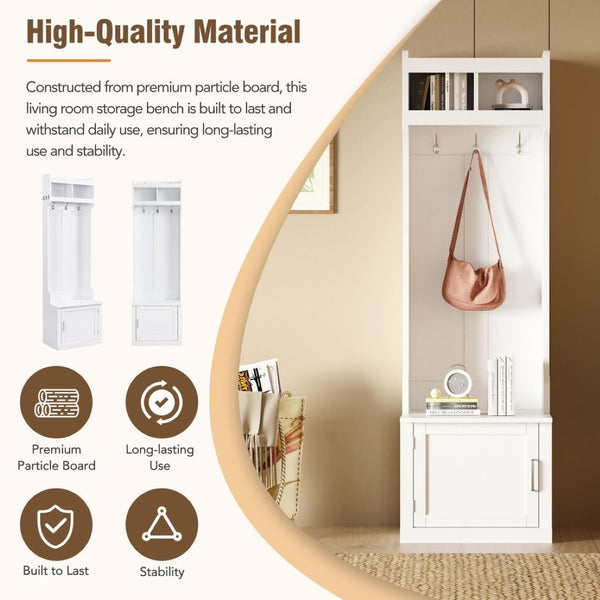 English Elm On-trend Slim Hall Tree Entryway Bench with Cabinet Six Hooks Matte Foyer Storage White N721P249243K