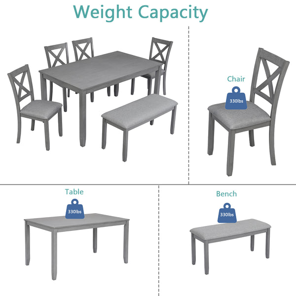 English Elm 6 Piece Kitchen Dining Set – Modern Rectangular Table & 4 Upholstered Chairs With Bench In Gray Finish W1998S00004