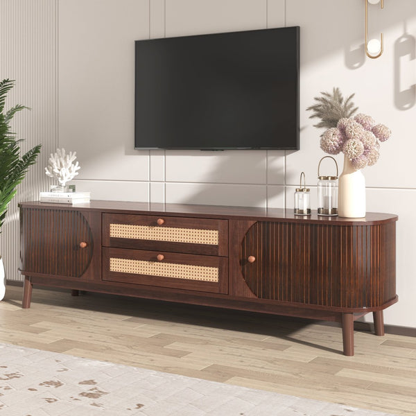 English Elm Rattan Modern Farmhouse TV Stand for TVs up to 75" with Rattan Drawers, Sliding Doors, Cable Management and Solid Wood Legs WF316663AAP