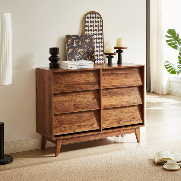English Elm 6 Drawer Double Dresser with Vintage Bevel Design, Brown MDF, Smooth Glide Drawers, Stylish Storage Solution W578P191570