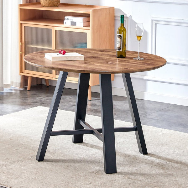 English Elm A modern minimalist circular wooden dining table 42” MDF tabletop, black metal legs, quick 15‑min assembly, versatile home office decor W1151P195678