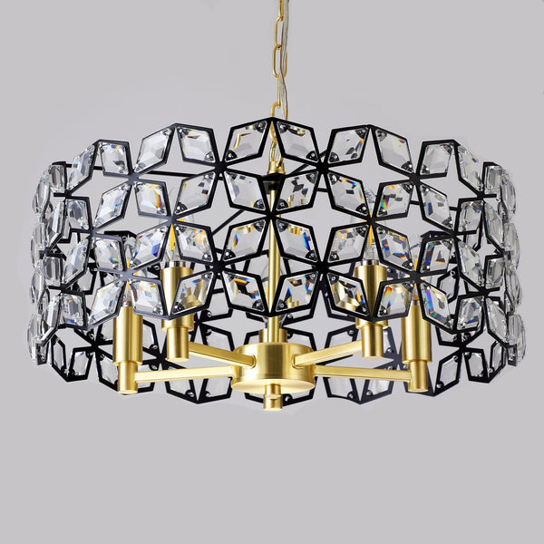 English Elm 19" Geometric Crystal BlackGold Round Pendant Chandelier, Modern 5-Light K9 Accent Light Fixture for Dining Room, Living Room, Kitchen (Bulb Not Included) W1340120158