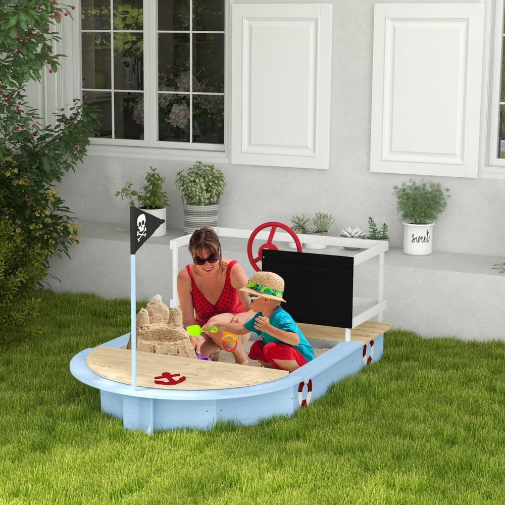 English Elm Wooden Pirate Ship Sandbox with Chalkboard Bench Seats and Toy Storage for Kids W2225P152510