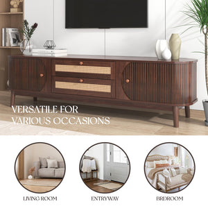 English Elm Rattan Modern Farmhouse TV Stand for TVs up to 75" with Rattan Drawers, Sliding Doors, Cable Management and Solid Wood Legs WF316663AAP