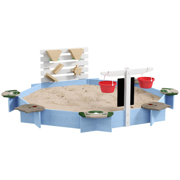 English Elm Wooden Octagonal Fir Sandbox with Six Animal Seats Open Base Backyard Play W2225P152511