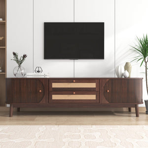 English Elm Rattan Modern Farmhouse TV Stand for TVs up to 75" with Rattan Drawers, Sliding Doors, Cable Management and Solid Wood Legs WF316663AAP