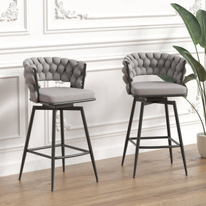 English Elm 28" Linen Woven Bar Chair Set of 2 - 360° Swivel Upholstered Counter Stools with Backrest, Grey T2396P279779