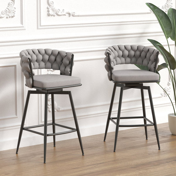 English Elm 28" Linen Woven Bar Chair Set of 2 - 360° Swivel Upholstered Counter Stools with Backrest, Grey T2396P279779