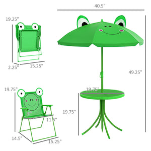 English Elm Folding Kids Table and Chair Set with Froggy Umbrella – Portable Metal 4-Piece Patio Picnic Set, Green W2225P152515