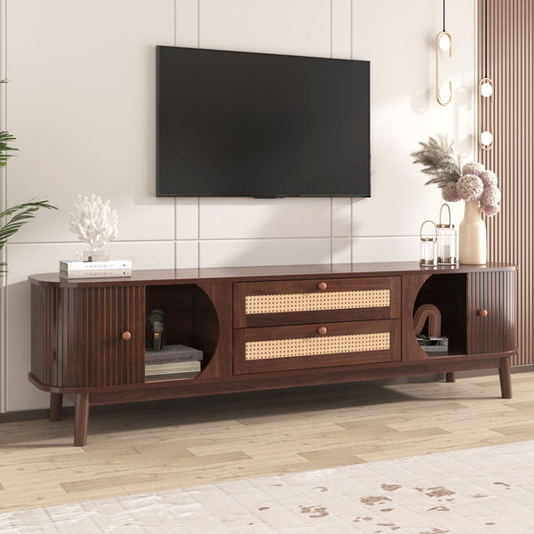 English Elm Rattan Modern Farmhouse TV Stand for TVs up to 75" with Rattan Drawers, Sliding Doors, Cable Management and Solid Wood Legs WF316663AAP