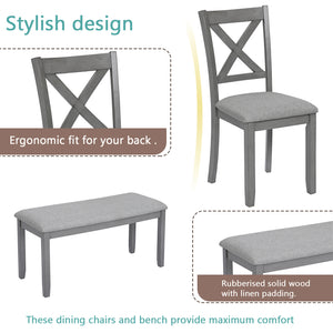 English Elm 6 Piece Kitchen Dining Set – Modern Rectangular Table & 4 Upholstered Chairs With Bench In Gray Finish W1998S00004