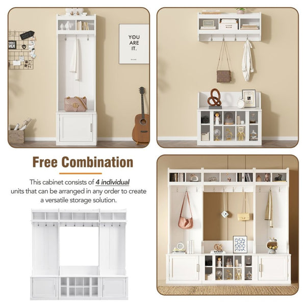 English Elm On-trend Modular Entryway Hall Tree with Hooks Shoe Cubbies Bench and Shelves White N721S000025K