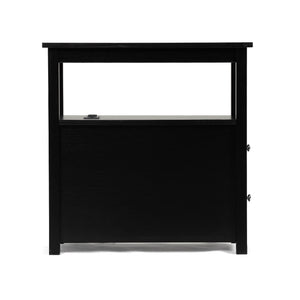 English Elm End Narrow Sofa Side Table with Charging Station, Black MDF Nightstand, Drawer & Shelf, 24"H, ETL W2181P152443