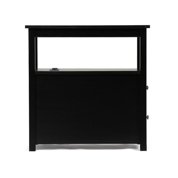 English Elm End Narrow Sofa Side Table with Charging Station, Black MDF Nightstand, Drawer & Shelf, 24"H, ETL W2181P152443