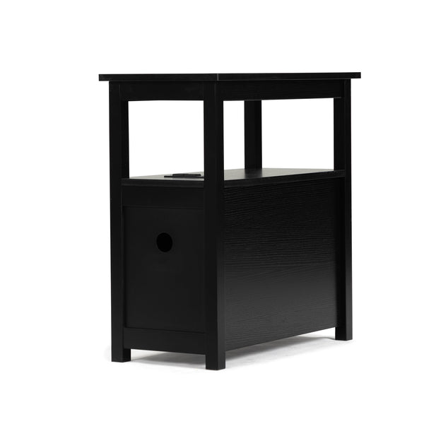 English Elm End Narrow Sofa Side Table with Charging Station, Black MDF Nightstand, Drawer & Shelf, 24"H, ETL W2181P152443