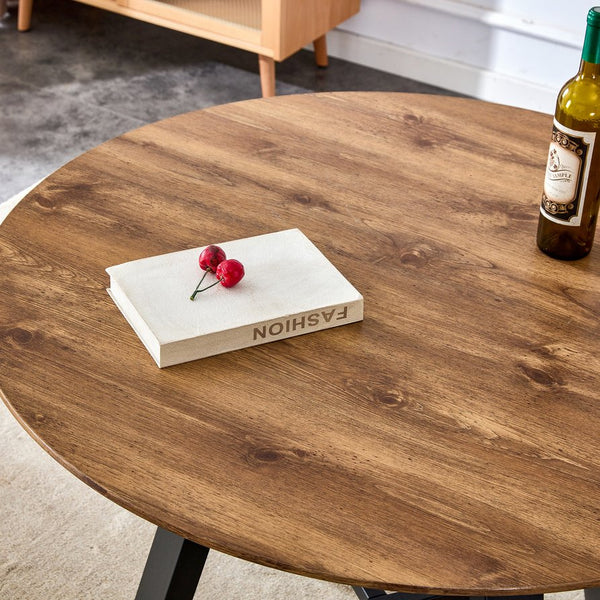 English Elm A modern minimalist circular wooden dining table 42” MDF tabletop, black metal legs, quick 15‑min assembly, versatile home office decor W1151P195678