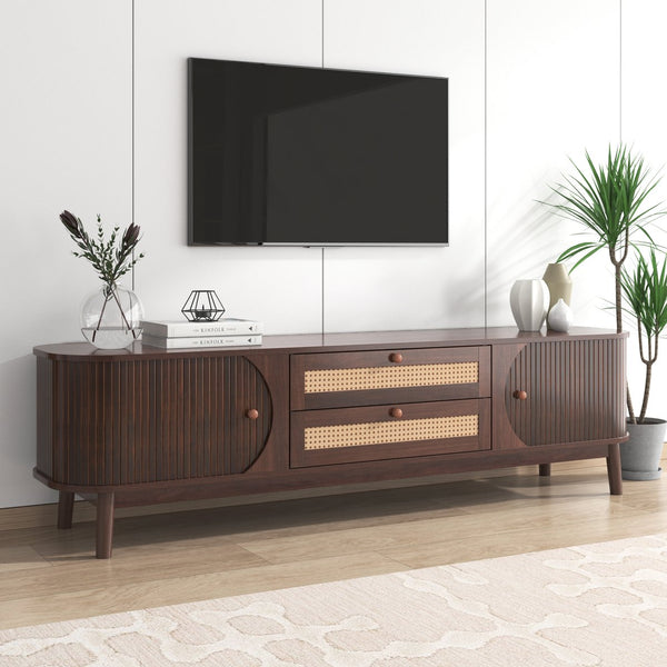 English Elm Rattan Modern Farmhouse TV Stand for TVs up to 75" with Rattan Drawers, Sliding Doors, Cable Management and Solid Wood Legs WF316663AAP