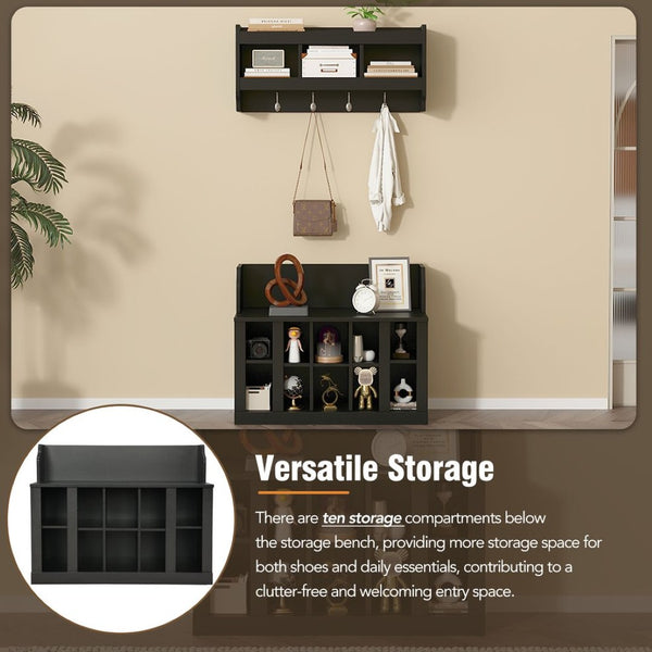 English Elm On-trend Matte Black Entryway Bench with Wall Cabinet Ten Compartments Four Hooks WF313576AAB