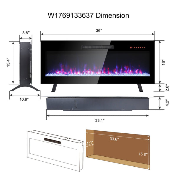 English Elm 36 Inch Recessed Electric Fireplace Tempered Glass Multi Color Led Flame Heater W1769133637