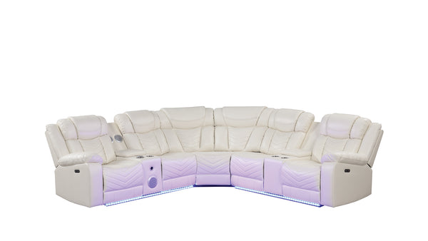 English Elm Challenger Modern Recliner Sectional Sofa with USB, Bluetooth, LED Controls, Cup Holders, Faux Leather Beige B009S01894