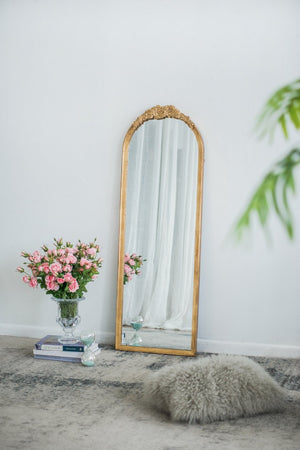 English Elm 19"x56" Arched Floor Mirror Carved Floral Wood Frame Gold Finish Bedroom Decor W2078P152648