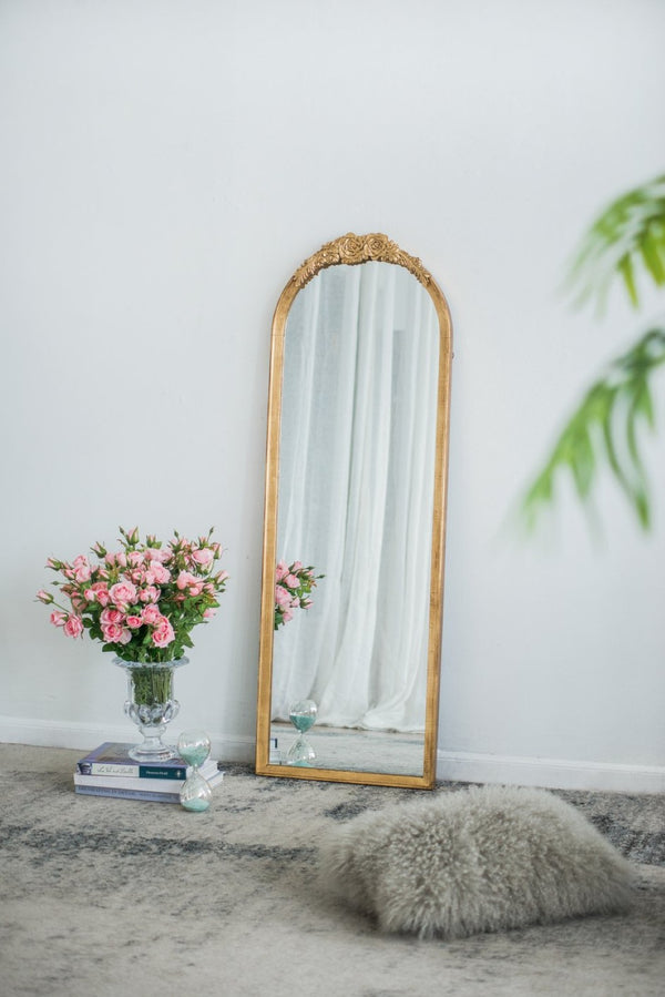 English Elm 19"x56" Arched Floor Mirror Carved Floral Wood Frame Gold Finish Bedroom Decor W2078P152648