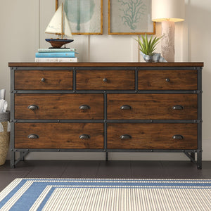 English Elm Industrial Holverson 7-Drawer Dresser 66" Rustic Brown Acacia Veneer with Gunmetal Frame & Rivet Accents B011P152673