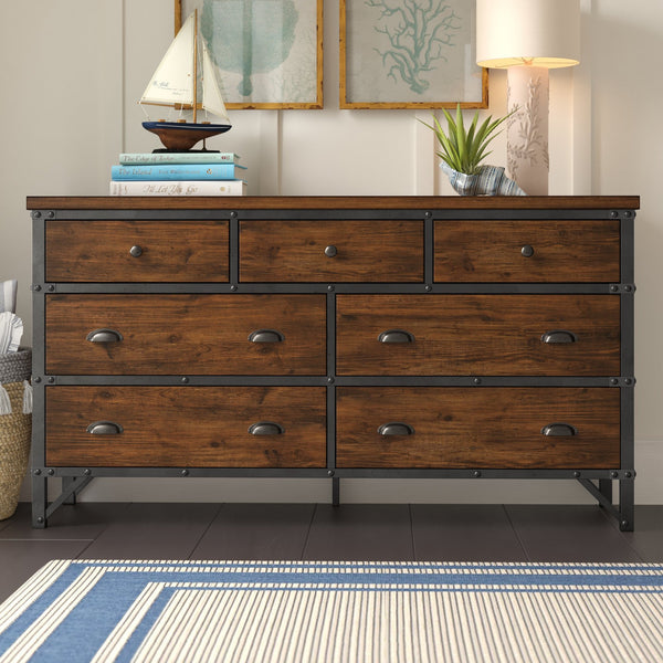English Elm Industrial Holverson 7-Drawer Dresser 66" Rustic Brown Acacia Veneer with Gunmetal Frame & Rivet Accents B011P152673