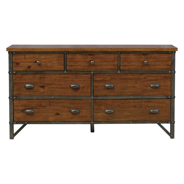English Elm Industrial Holverson 7-Drawer Dresser 66" Rustic Brown Acacia Veneer with Gunmetal Frame & Rivet Accents B011P152673