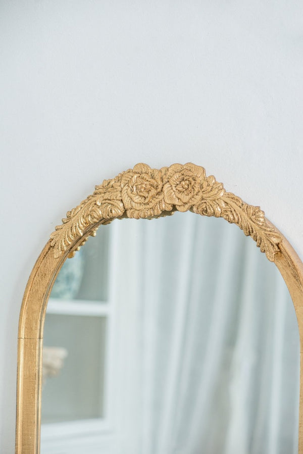 English Elm 19"x56" Arched Floor Mirror Carved Floral Wood Frame Gold Finish Bedroom Decor W2078P152648