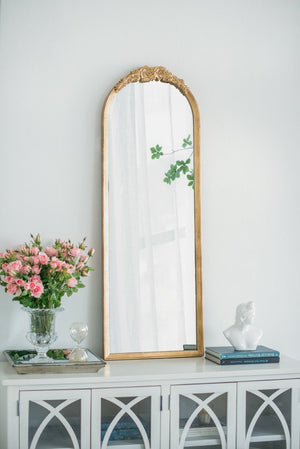 English Elm 19"x56" Arched Floor Mirror Carved Floral Wood Frame Gold Finish Bedroom Decor W2078P152648