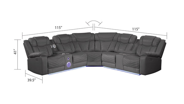 English Elm Challenger Modern Recliner Sectional Sofa with Power Recline, USB Ports, Bluetooth, LED, Cup Holders Gray B009S01266