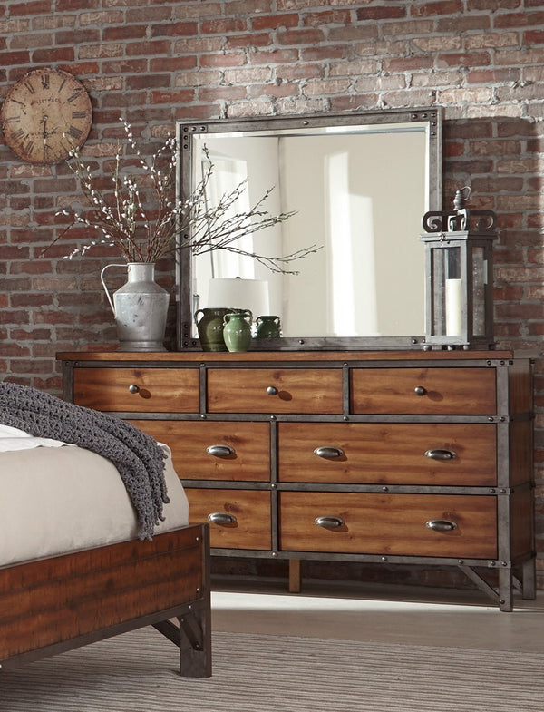 English Elm Industrial Holverson 7-Drawer Dresser 66" Rustic Brown Acacia Veneer with Gunmetal Frame & Rivet Accents B011P152673