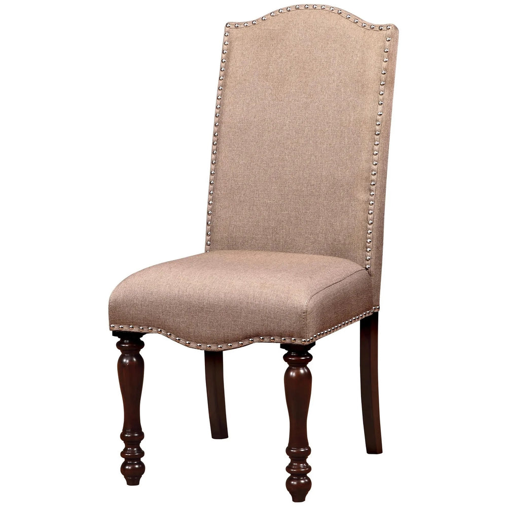 English Elm Transitional Antique Cherry Beige Padded Fabric Side Chairs Set of 2 with Turned Legs & Nailhead Trim - Elegant Dining Accent B011P152638