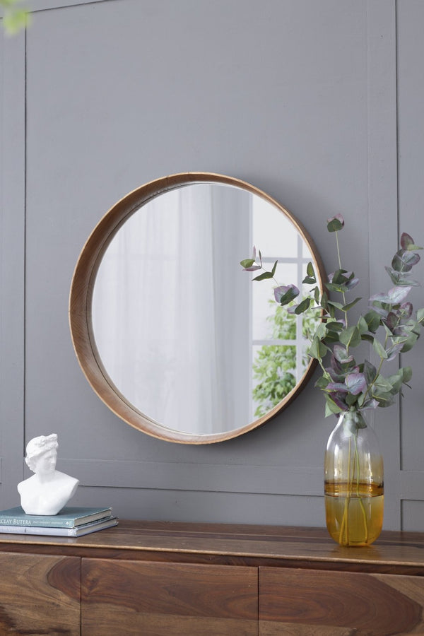 English Elm 31.5" Round Pine Wood Wall Mirror Natural Grain Scandinavian Style for Any Room W2078P152649