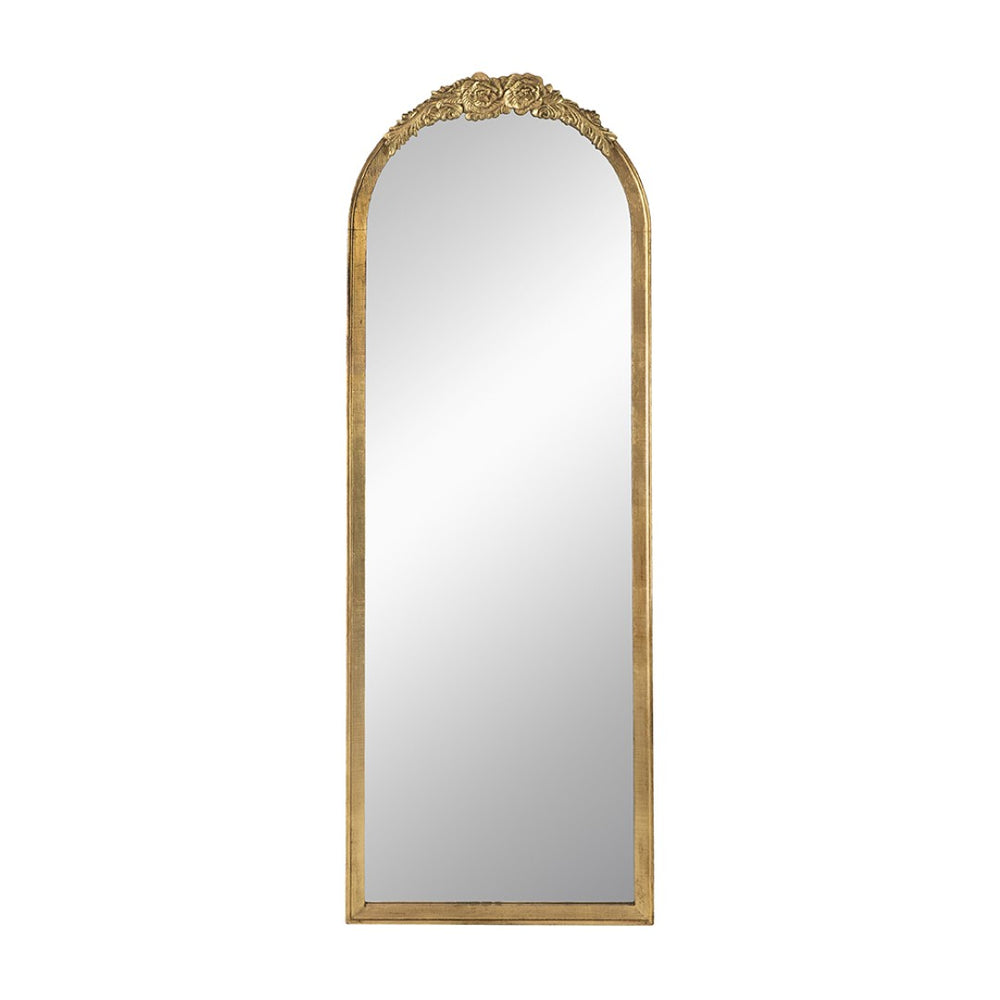 English Elm 19"x56" Arched Floor Mirror Carved Floral Wood Frame Gold Finish Bedroom Decor W2078P152648