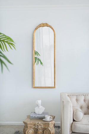 English Elm 19"x56" Arched Floor Mirror Carved Floral Wood Frame Gold Finish Bedroom Decor W2078P152648