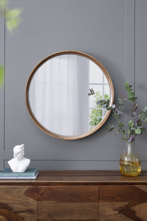 English Elm 31.5" Round Pine Wood Wall Mirror Natural Grain Scandinavian Style for Any Room W2078P152649