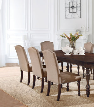 English Elm Transitional Antique Cherry Beige Padded Fabric Side Chairs Set of 2 with Turned Legs & Nailhead Trim - Elegant Dining Accent B011P152638